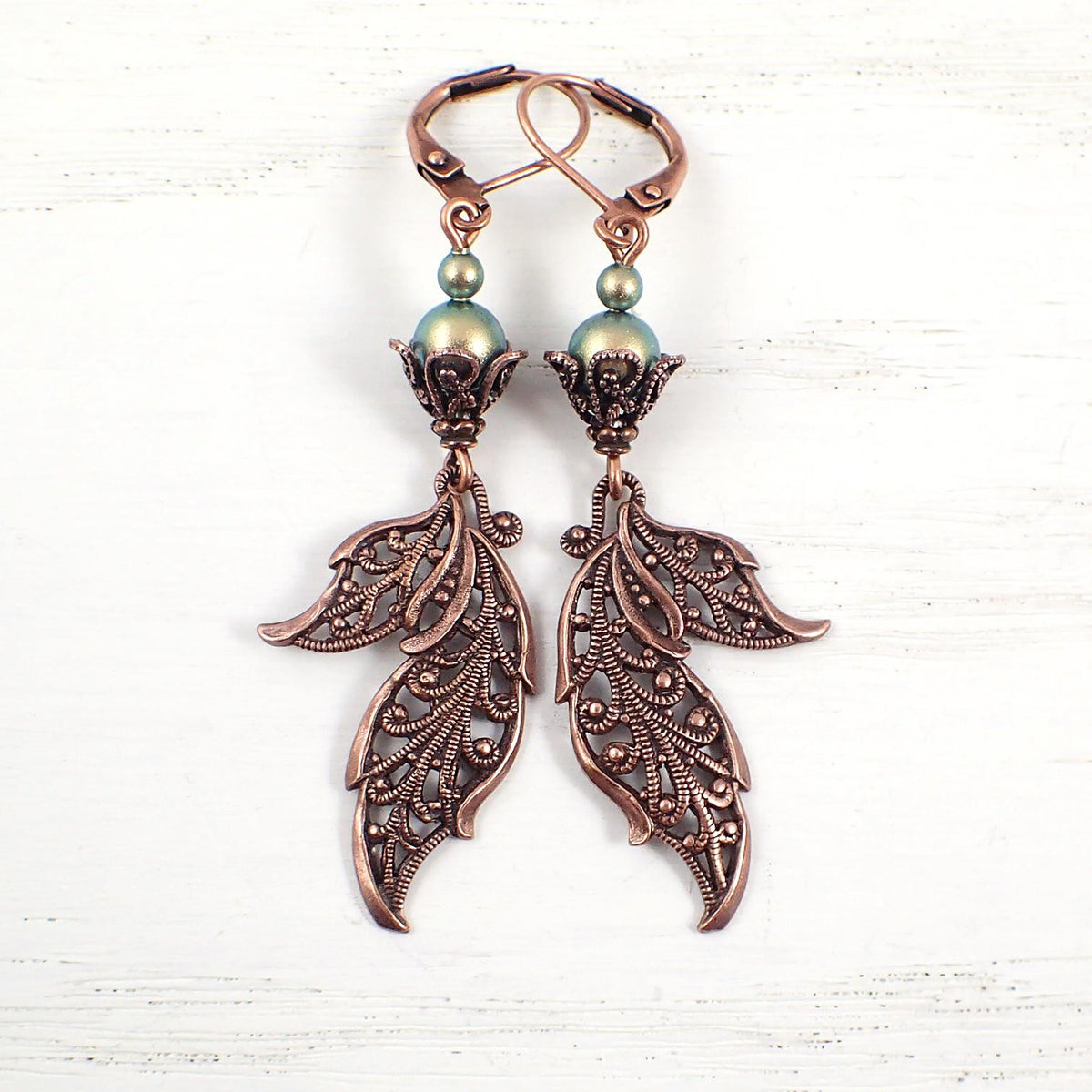 Iridescent Green and Copper Fantasy Leaf Earrings