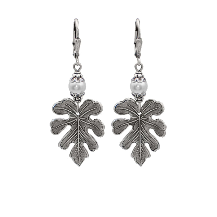 Antiqued Silver Oak Leaf Earrings with White Crystal Simulated