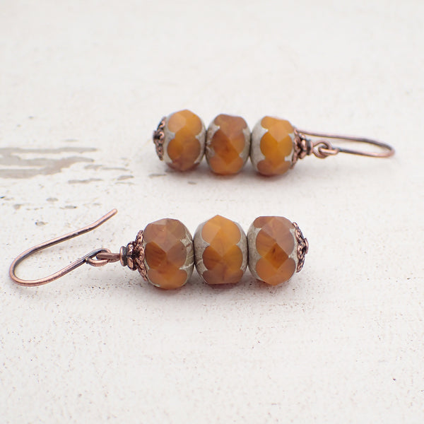 Pumpkin Orange Artisan Czech Glass Stacked Rondelle Earrings with Antiqued  Copper