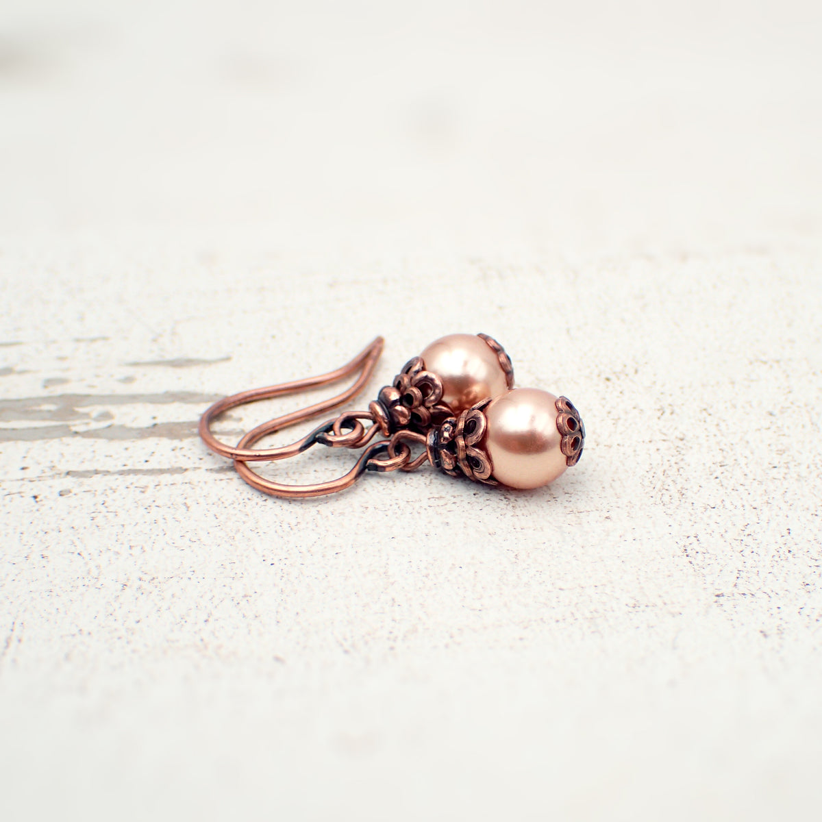 Dainty Copper Filigree Earrings with Rose Gold Pearls - Ardent Hearts