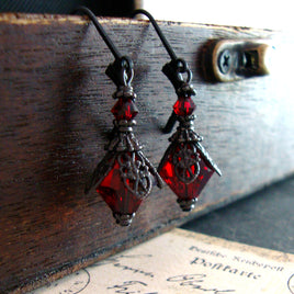 Victorian Gothic Earrings with Dark Blood Red Crystals and Black Metal