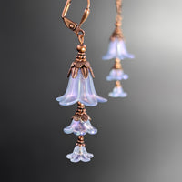 Cascading Bluebell Flower Earrings, Iridescent Light Blue with Antiqued Copper