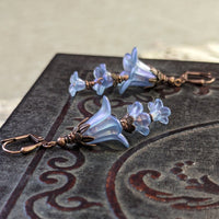 Cascading Bluebell Flower Earrings, Iridescent Light Blue with Antiqued Copper