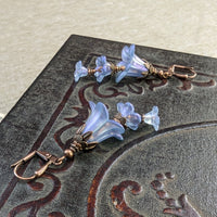 Cascading Bluebell Flower Earrings, Iridescent Light Blue with Antiqued Copper