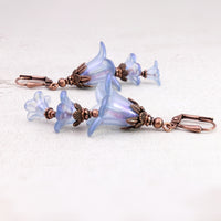 Cascading Bluebell Flower Earrings, Iridescent Light Blue with Antiqued Copper