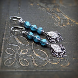 Artisan Czech Glass Stacked Beaded Earrings in Turquoise Blue with antiqued silver filigree leaf dangles