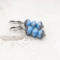 Blue Artisan Czech Glass Stacked Bead Earrings with Antiqued Silver Filigree