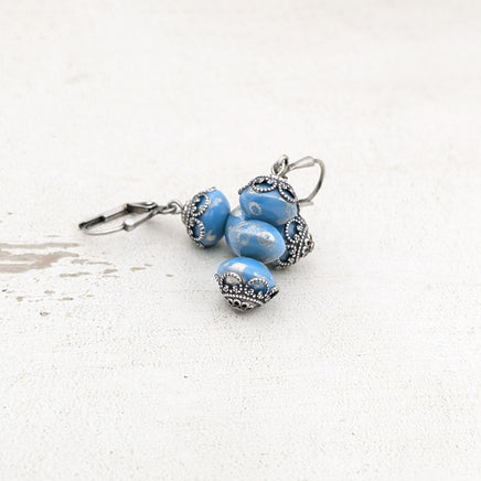 Blue Artisan Czech Glass Stacked Rondelle Earrings with Antiqued Silver Filigree