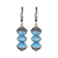 Blue Artisan Czech Glass Stacked Bead Earrings with Antiqued Silver Filigree