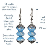 Blue Artisan Czech Glass Stacked Rondelle Earrings with Antiqued Silver Filigree with text overlay describing the details