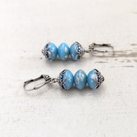 Blue Artisan Czech Glass Stacked Rondelle Earrings with Antiqued Silver Filigree