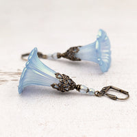 Iridescent Blue Lucite Morning Glory Flower Earrings with Victorian Style Filigree