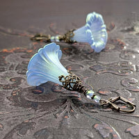 Iridescent Blue Lucite Morning Glory Flower Earrings with Victorian Style Filigree