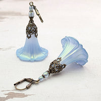 Iridescent Blue Lucite Morning Glory Flower Earrings with Victorian Style Filigree