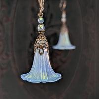 Iridescent Blue Lucite Morning Glory Flower Earrings with Victorian Style Filigree