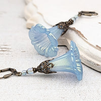 Iridescent Blue Lucite Morning Glory Flower Earrings with Victorian Style Filigree