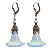 Iridescent Blue Lucite Morning Glory Flower Earrings with Victorian Style Filigree