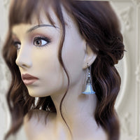 Iridescent Blue Lucite Morning Glory Flower Earrings with Victorian Style Filigree