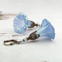 Iridescent Blue Lucite Morning Glory Flower Earrings with Victorian Style Filigree