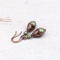 Iridescent Woodland Olive Green Pearl Earrings with Antiqued Copper