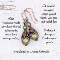 Iridescent Woodland Olive Green Pearl Earrings with Antiqued Copper