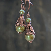 Iridescent Woodland Olive Green Pearl Earrings with Antiqued Copper