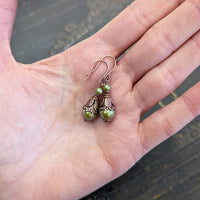 Iridescent Woodland Olive Green Pearl Earrings with Antiqued Copper