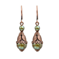 Iridescent Woodland Olive Green Pearl Earrings with Antiqued Copper