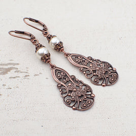 Lacy Victorian Filigree Drop Earrings with Ivory-Colored Simulated Pearls