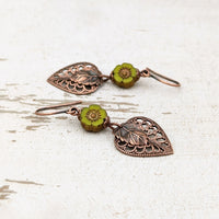 Handmade Rustic Nature Earrings with Lime Green Flowers and Antiqued Copper Woodland Filigree