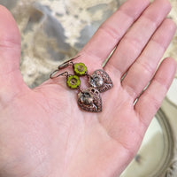 Handmade Rustic Nature Earrings with Lime Green Flowers and Antiqued Copper Woodland Filigree