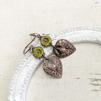 Handmade Rustic Nature Earrings with Lime Green Flowers and Antiqued Copper Woodland Filigree