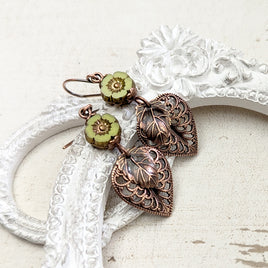 Handmade Rustic Nature Earrings with Lime Green Flowers and Antiqued Copper Woodland Filigree