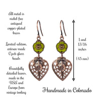 Handmade Rustic Nature Earrings with Lime Green Flowers and Antiqued Copper Woodland Filigree