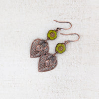 Handmade Rustic Nature Earrings with Lime Green Flowers and Antiqued Copper Woodland Filigree