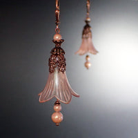 Lucite Flower Earrings in Pearlescent Pink and Antiqued Copper