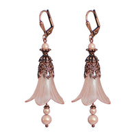 Lucite Flower Earrings in Pearlescent Pink and Antiqued Copper