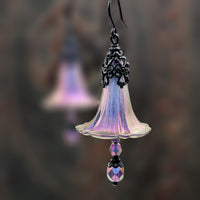 Iridescent Lucite Morning Glory Flower Earrings with Gothic Victorian Style Black Metal Filigree