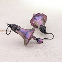 Iridescent Lucite Morning Glory Flower Earrings with Gothic Victorian Style Black Metal Filigree