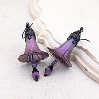 Iridescent Lucite Morning Glory Flower Earrings with Gothic Victorian Style Black Metal Filigree