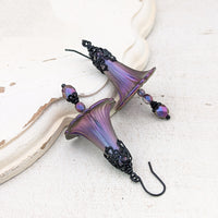 Iridescent Lucite Morning Glory Flower Earrings with Gothic Victorian Style Black Metal Filigree