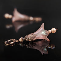 Lucite Flower Earrings in Pearlescent Pink and Antiqued Copper