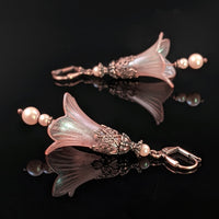 Lucite Flower Earrings in Pearlescent Pink and Antiqued Copper