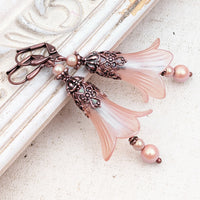 Lucite Flower Earrings in Pearlescent Pink and Antiqued Copper