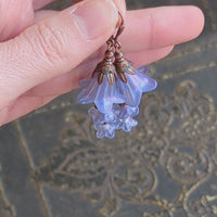 Cascading Bluebell Flower Earrings, Iridescent Light Blue with Antiqued Copper