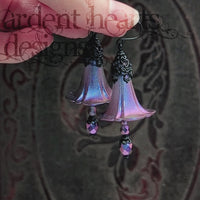 Iridescent Lucite Morning Glory Flower Earrings with Gothic Victorian Style Black Metal Filigree