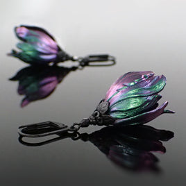 Iridescent Color Shifting Large Tulip Flower Earrings in Purple and Green