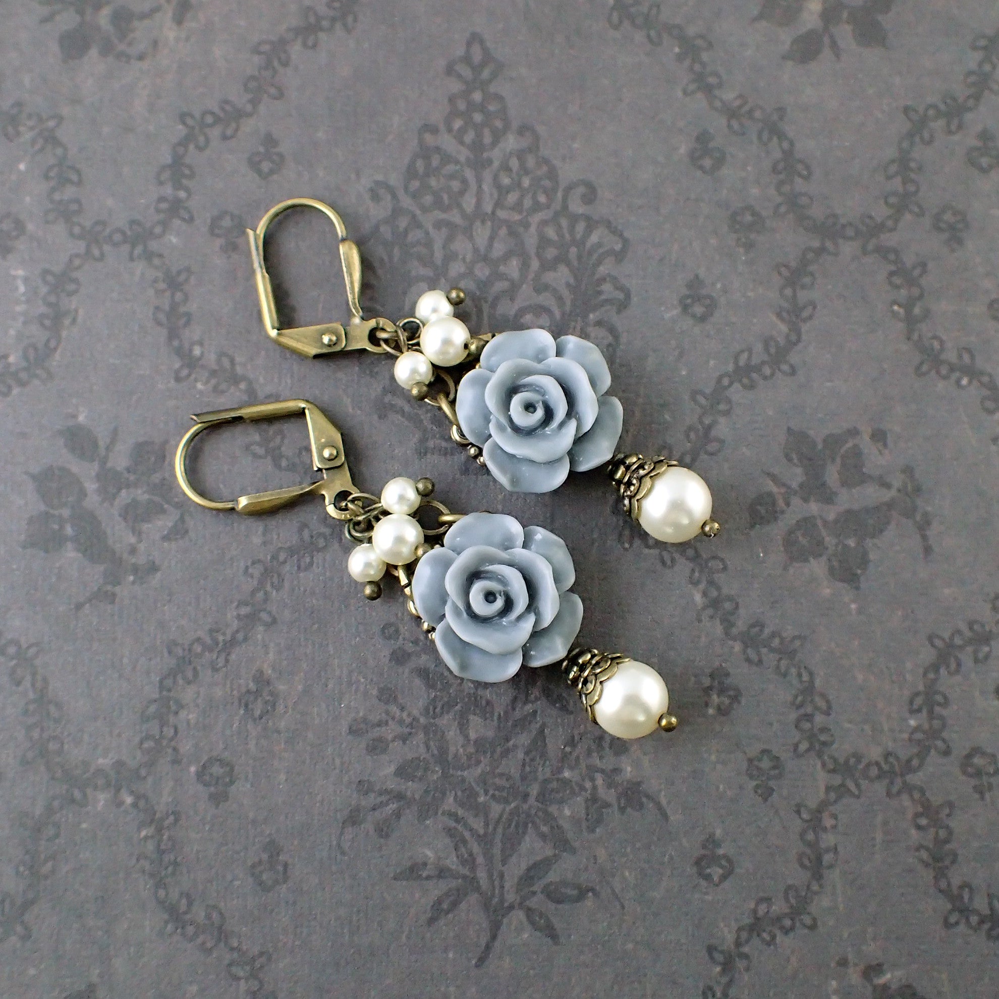 Dusty Blue and Ivory Shabby Rose Earrings
