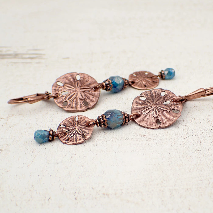 Long Sand Dollar Dangle Earrings with Ocean Blue Czech Glass Beads