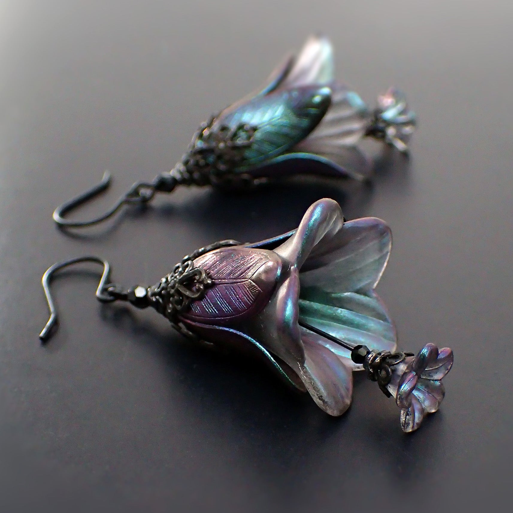 Dark Color Shifting Lucite Flower Earrings